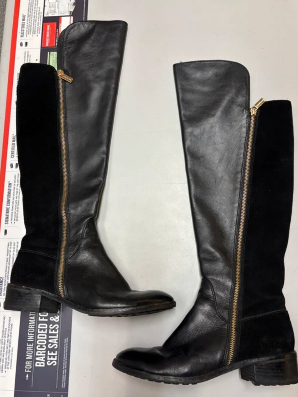 Michael Kors Black Leather & Suede Over-the-Knee Boots with Gold Zippers